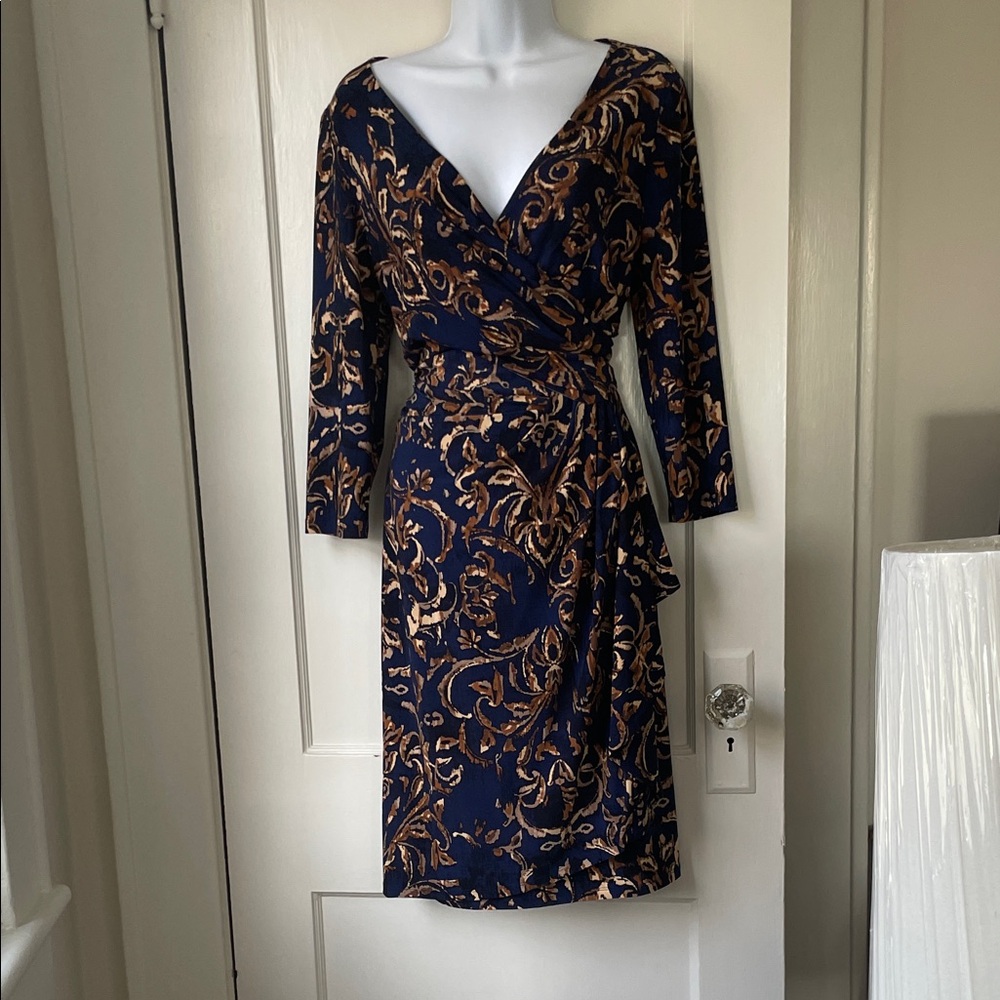 Chaps Navy and Gold Floral Patterned Long Sleeve Faux Wrap Dress